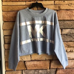 Michael Kors Chambray blue lightweight cropped long sleeve MK top NWT Large